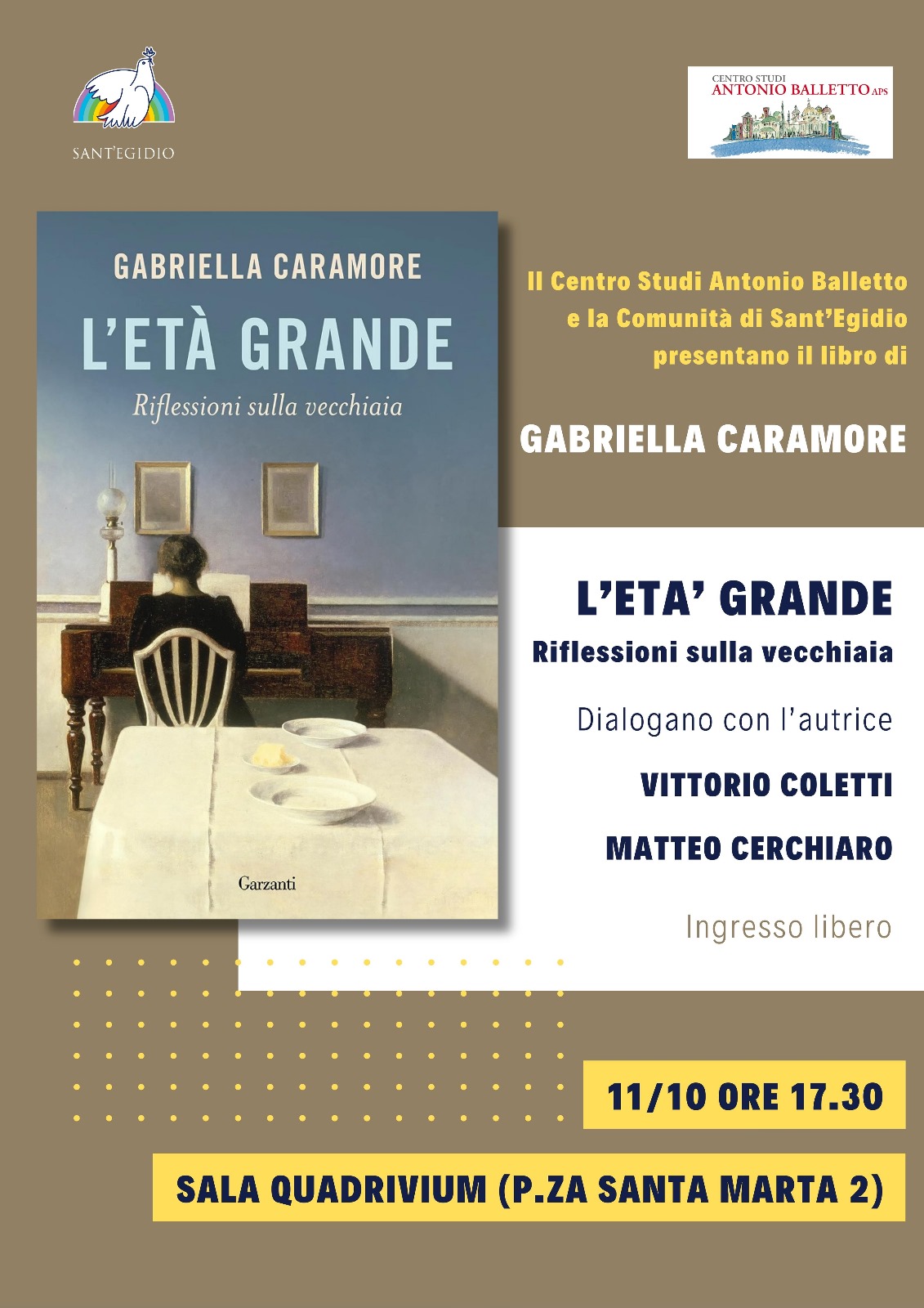 Presentazione del libro “L’età grande – riflessioni sulla vecchiaia” di Gabriella Caramore – dialogano con l’autrice Vittorio Coletti e Matteo Cerchiaro